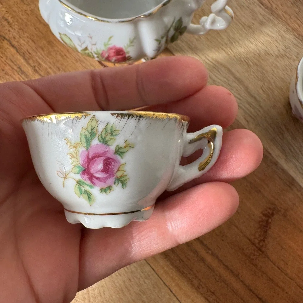Miniature Porcelain Tea Set Creamer Teacups White Pink Gold Floral Vintage 3pc